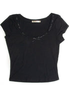Black Satin Bow Ribbed Shirt
