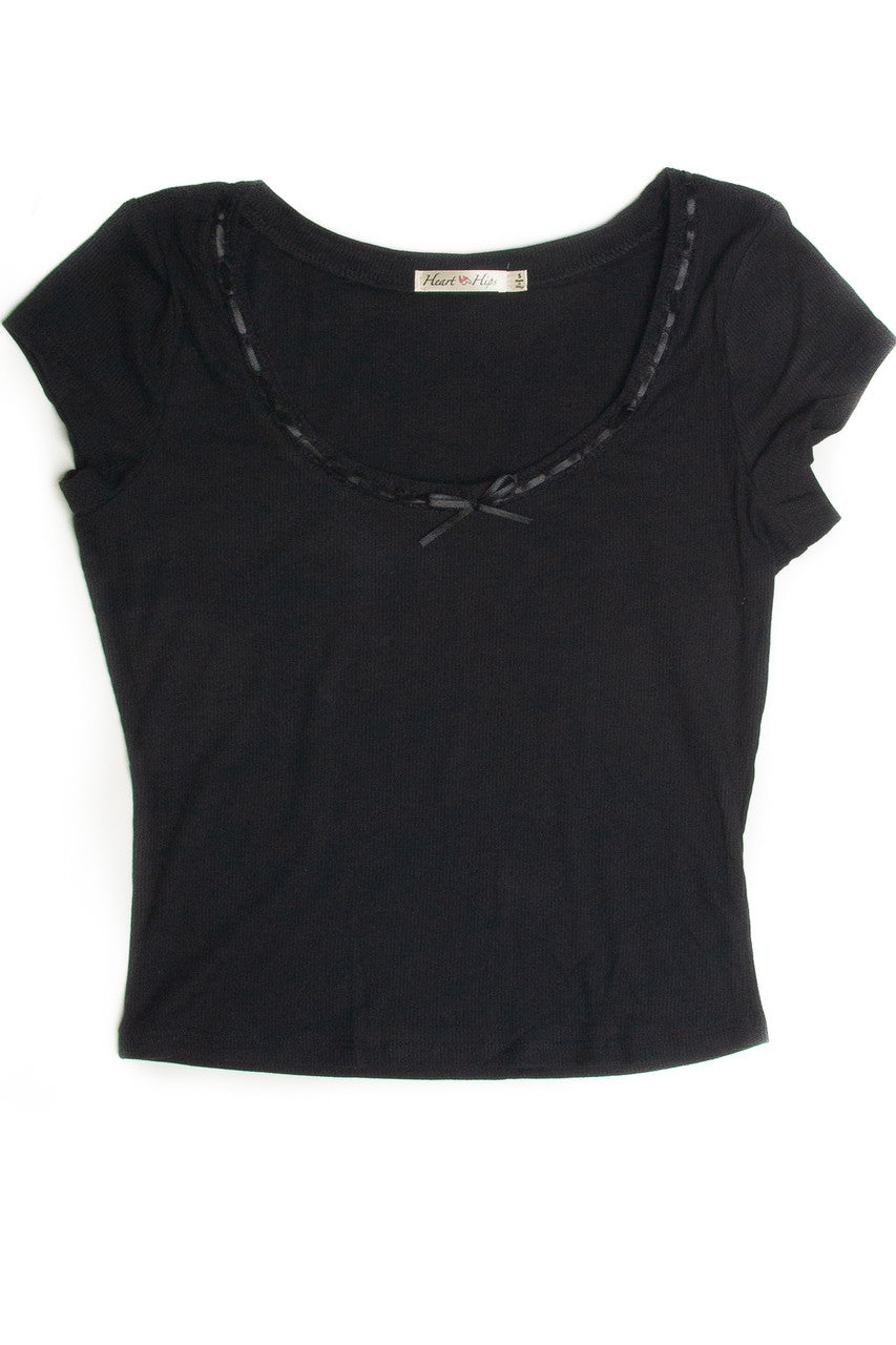 Black Satin Bow Ribbed Shirt