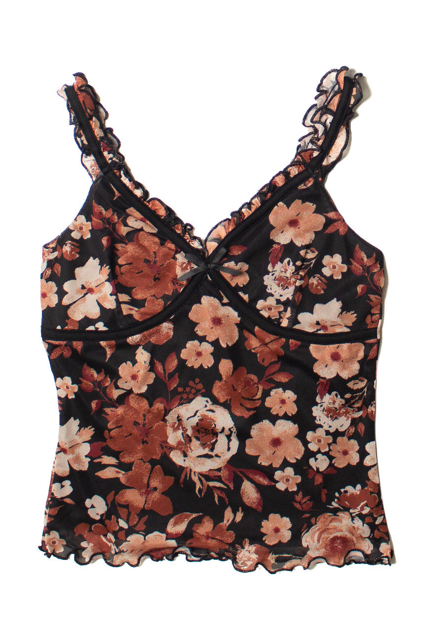 Black Floral Ruffle Mesh Tank