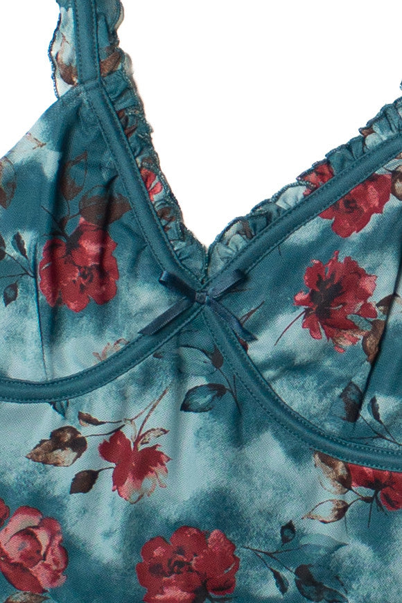 Teal Floral Ruffle Mesh Tank