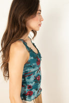 Teal Floral Ruffle Mesh Tank