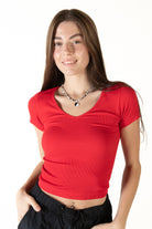 Red Seamless V Neck Tee