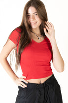 Red Seamless V Neck Tee