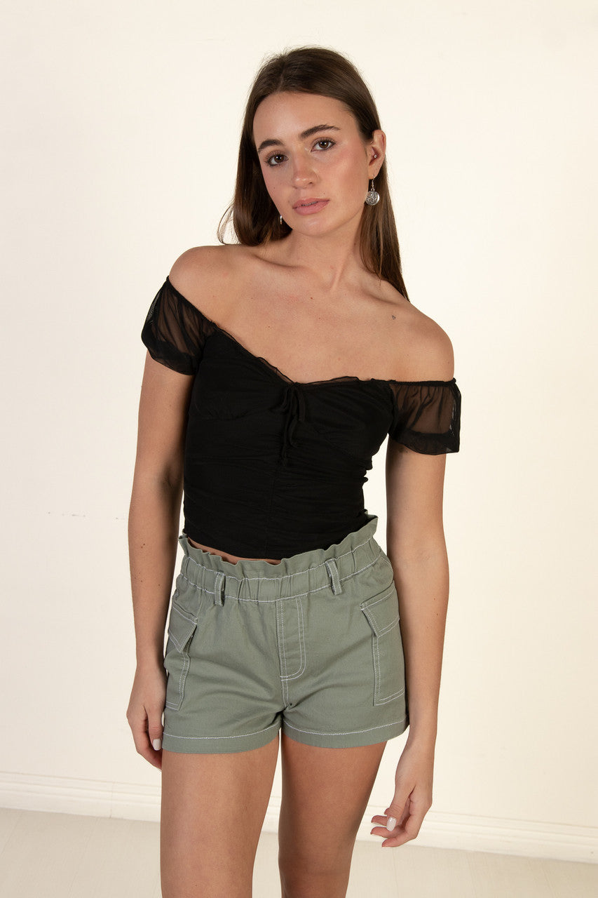 Black Mesh Tie Up Milkmaid Top