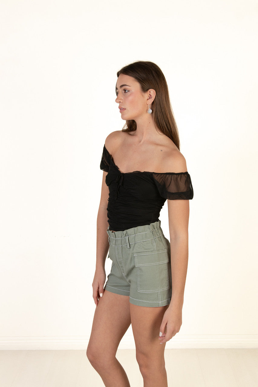 Black Mesh Tie Up Milkmaid Top