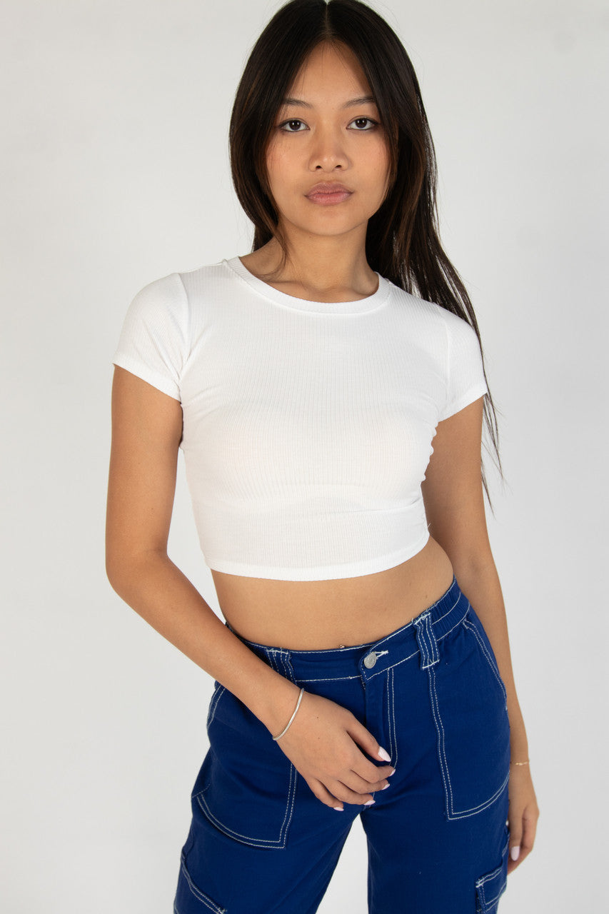 White Ribbed Crop Shirt