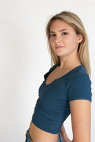 Blue Notched Ribbed Crop Tee