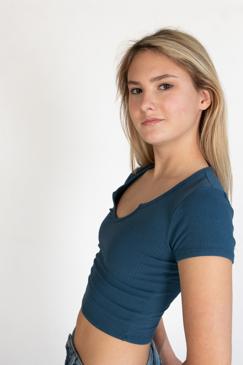 Blue Notched Ribbed Crop Tee