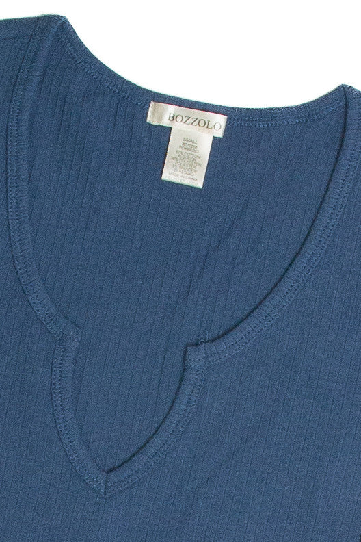 Blue Notched Ribbed Crop Tee