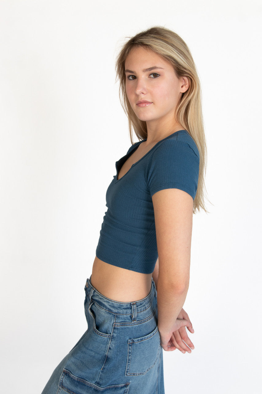 Blue Notched Ribbed Crop Tee