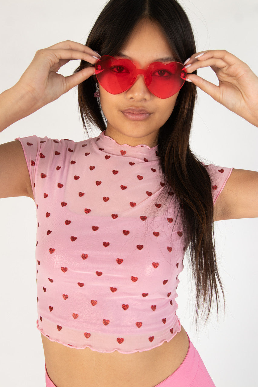 Glitter Hearts Pink Mesh Tee