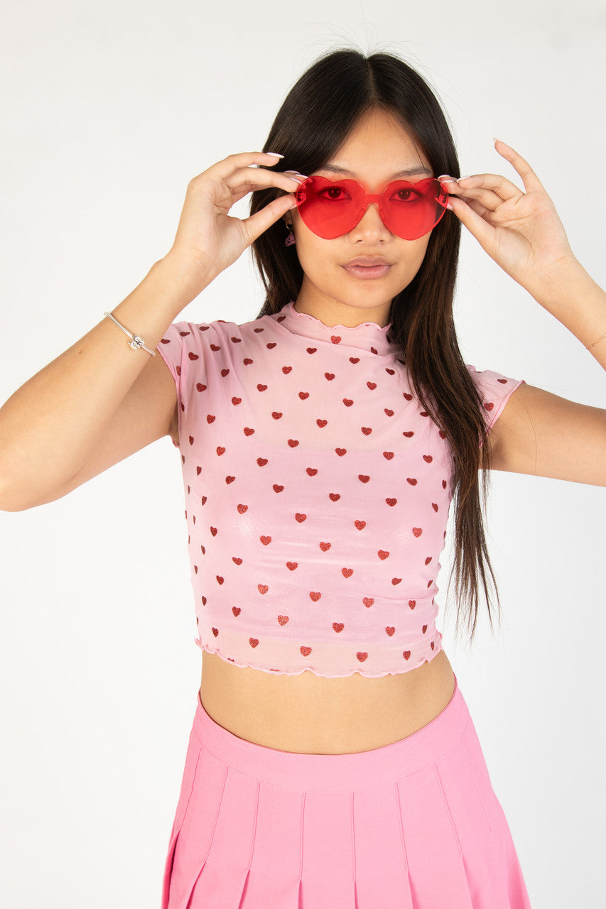 Glitter Hearts Pink Mesh Tee
