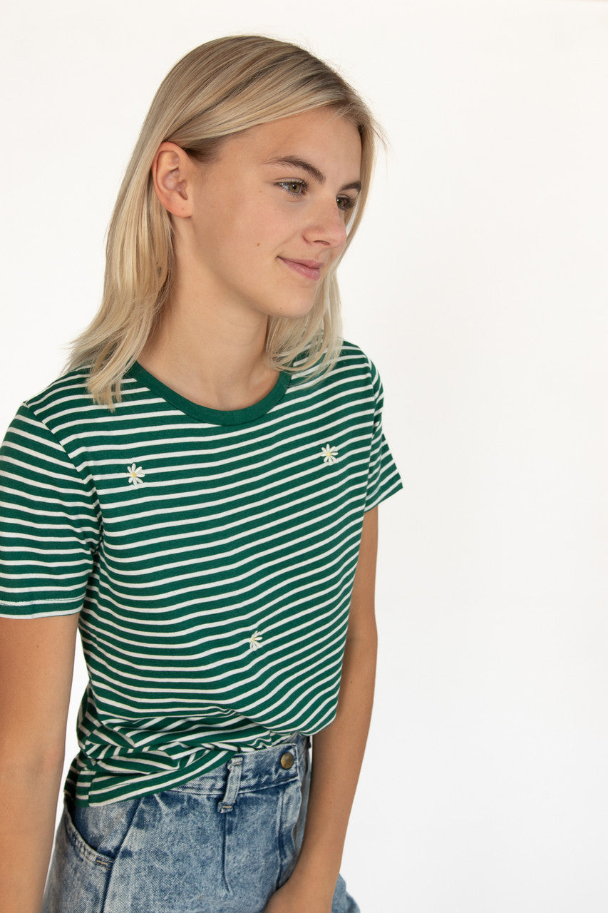 Jewel Green Striped Daisy Tee