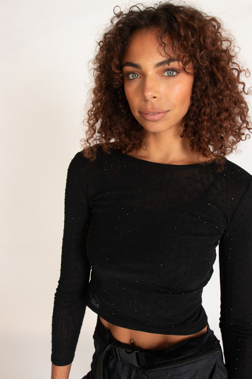 Studded Mesh Long Sleeve Top