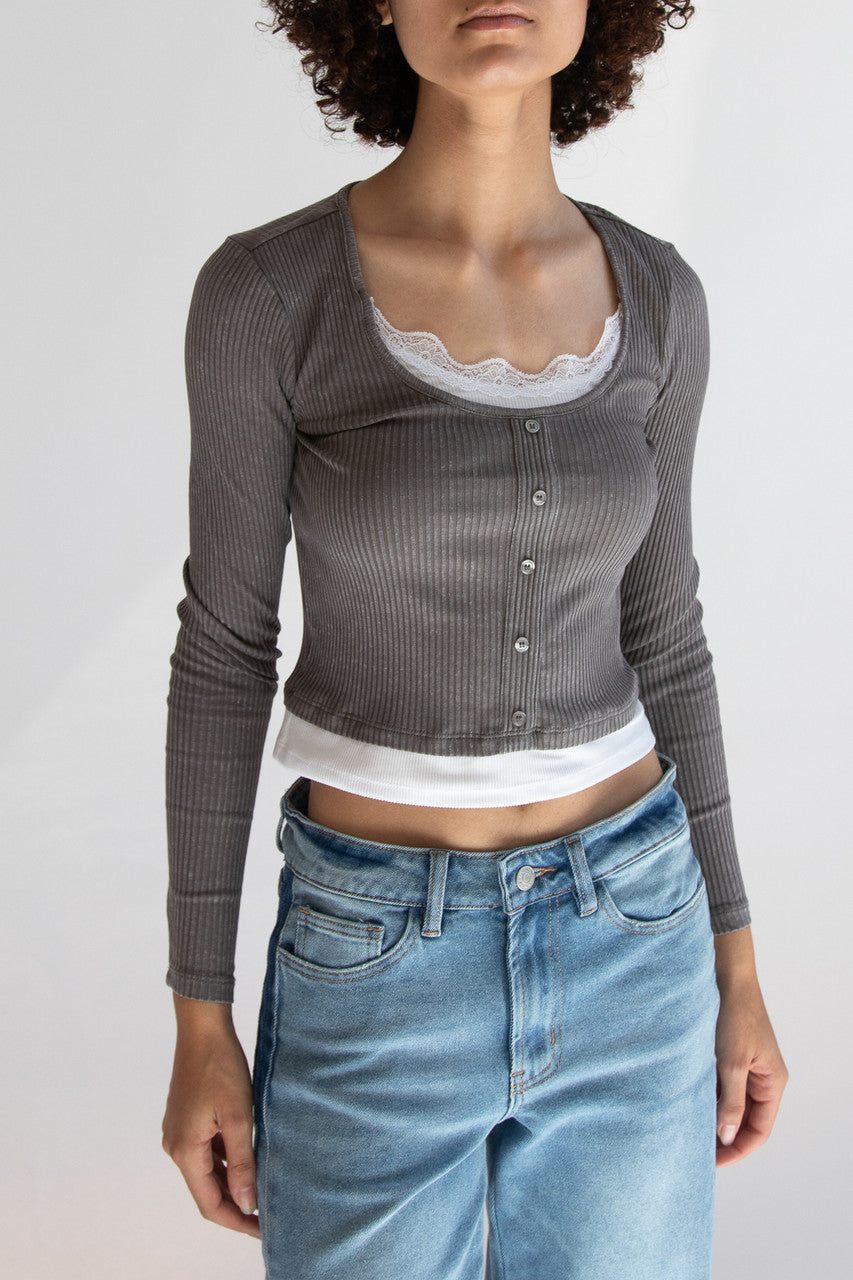 Lace Trim Ribbed Long Sleeve Top