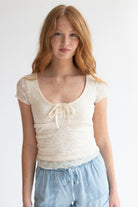 Cinched Tie Front Lace Tee