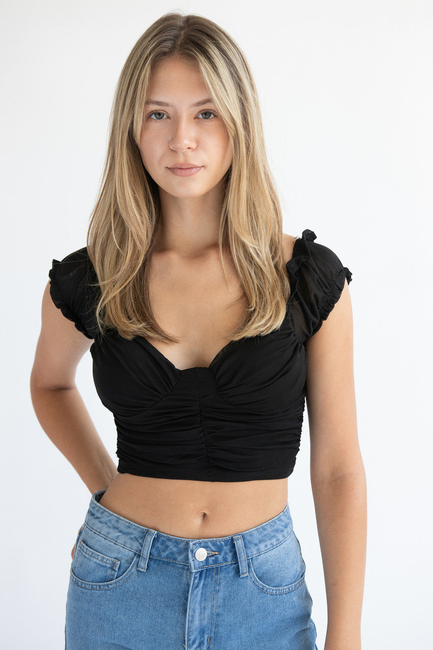 Ruched Front Puff Sleeve Mesh Top