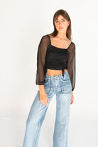 Mesh Ruched Front Long Sleeve Top