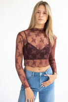 Floral Lace Mesh Mock Neck Top
