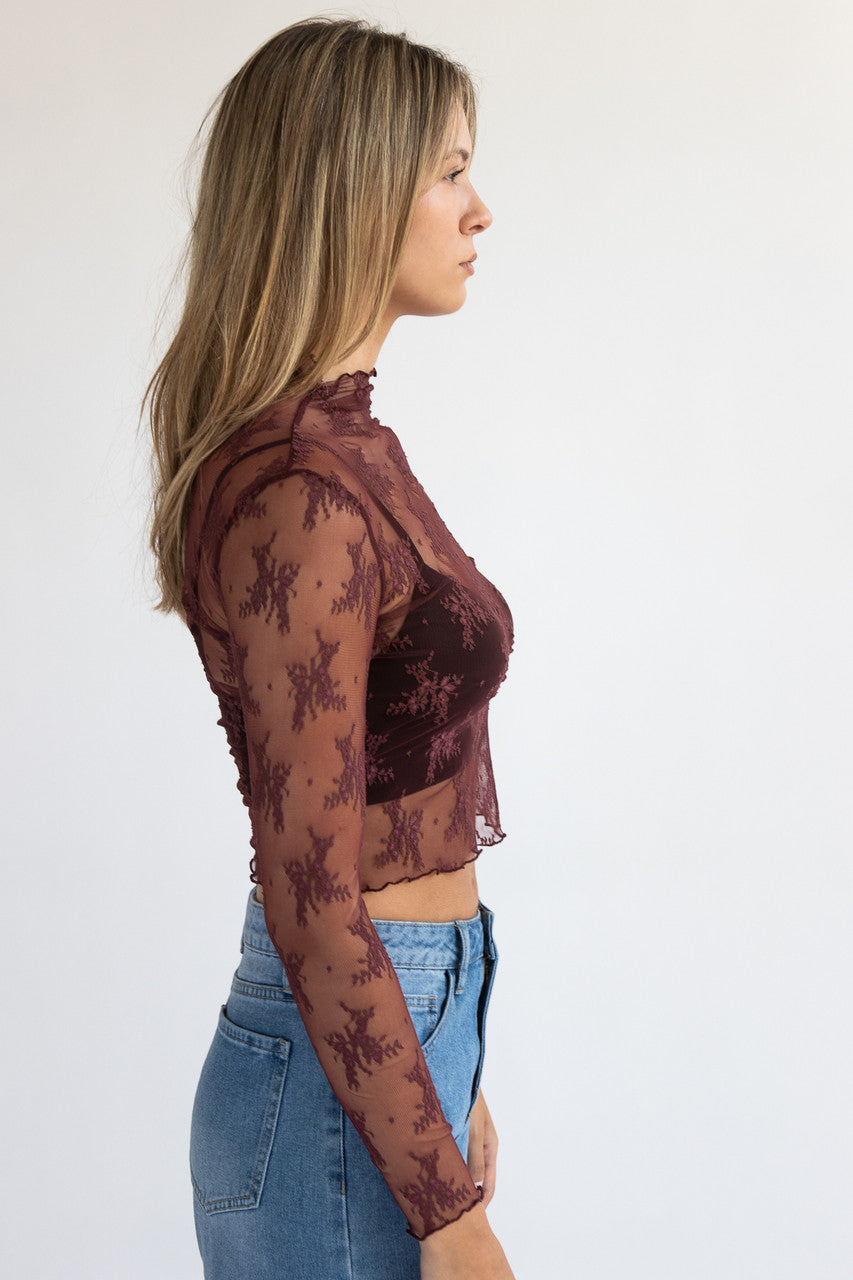Floral Lace Mesh Mock Neck Top