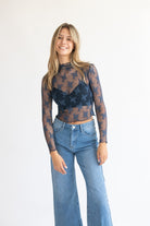 Floral Lace Mesh Mock Neck Top