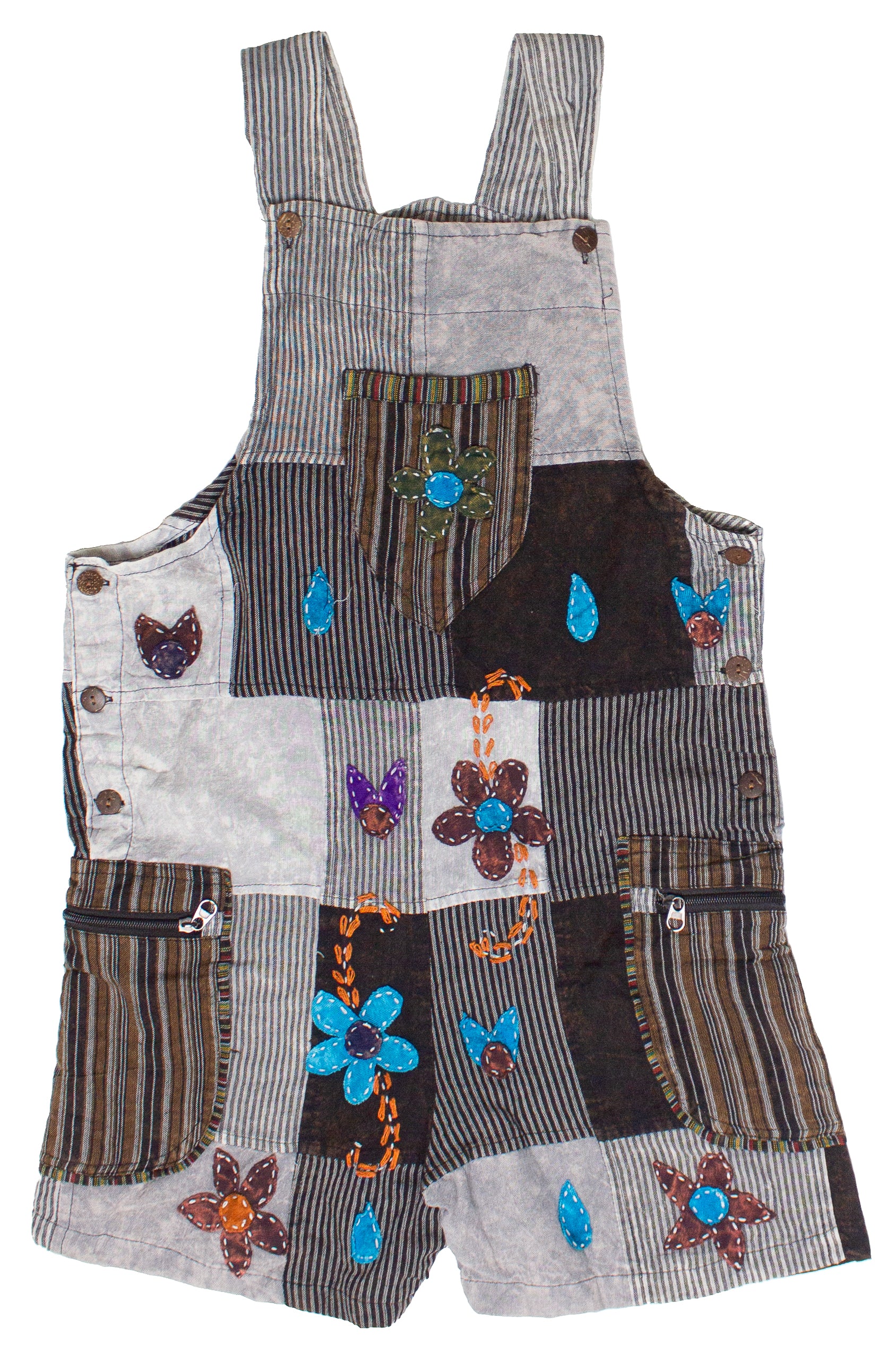 Floral Embroidered Patchwork Overall Shorts