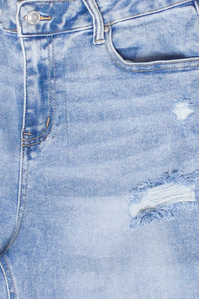 Light Blue Distressed Long Jorts Close Up