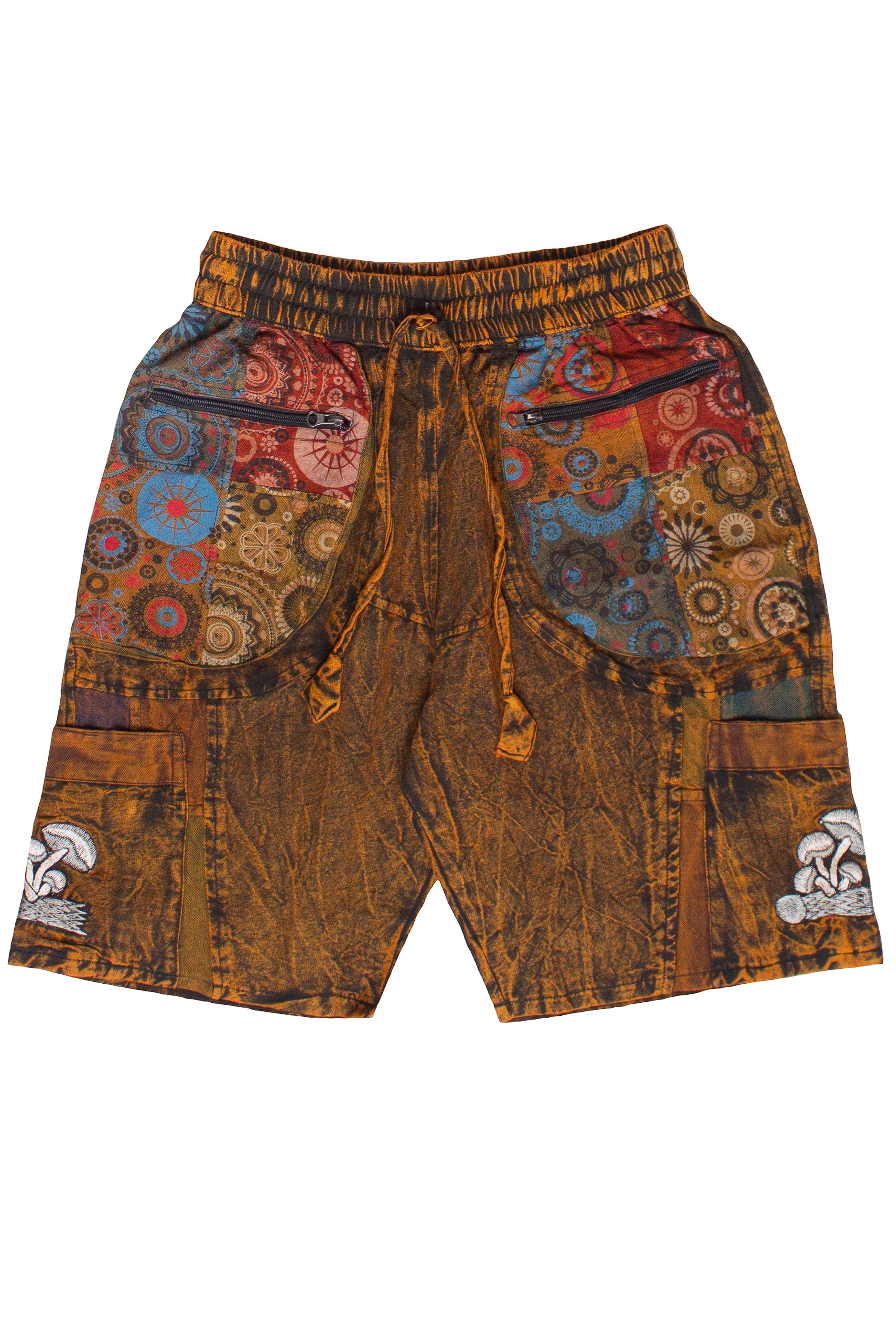 Embroidered Mushroom Block Patchwork Shorts