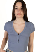 Blue Deep V Ribbed Snap