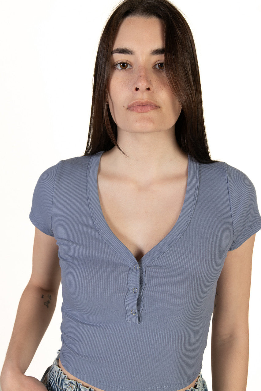 Blue Deep V Ribbed Snap