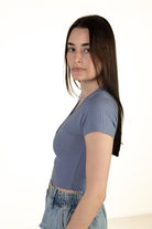 Blue Deep V Ribbed Snap