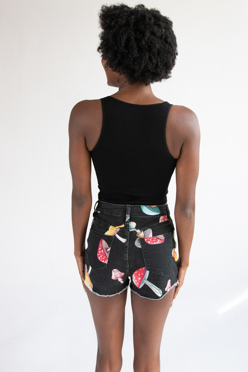 Large Mushroom Print Cut Off Shorts