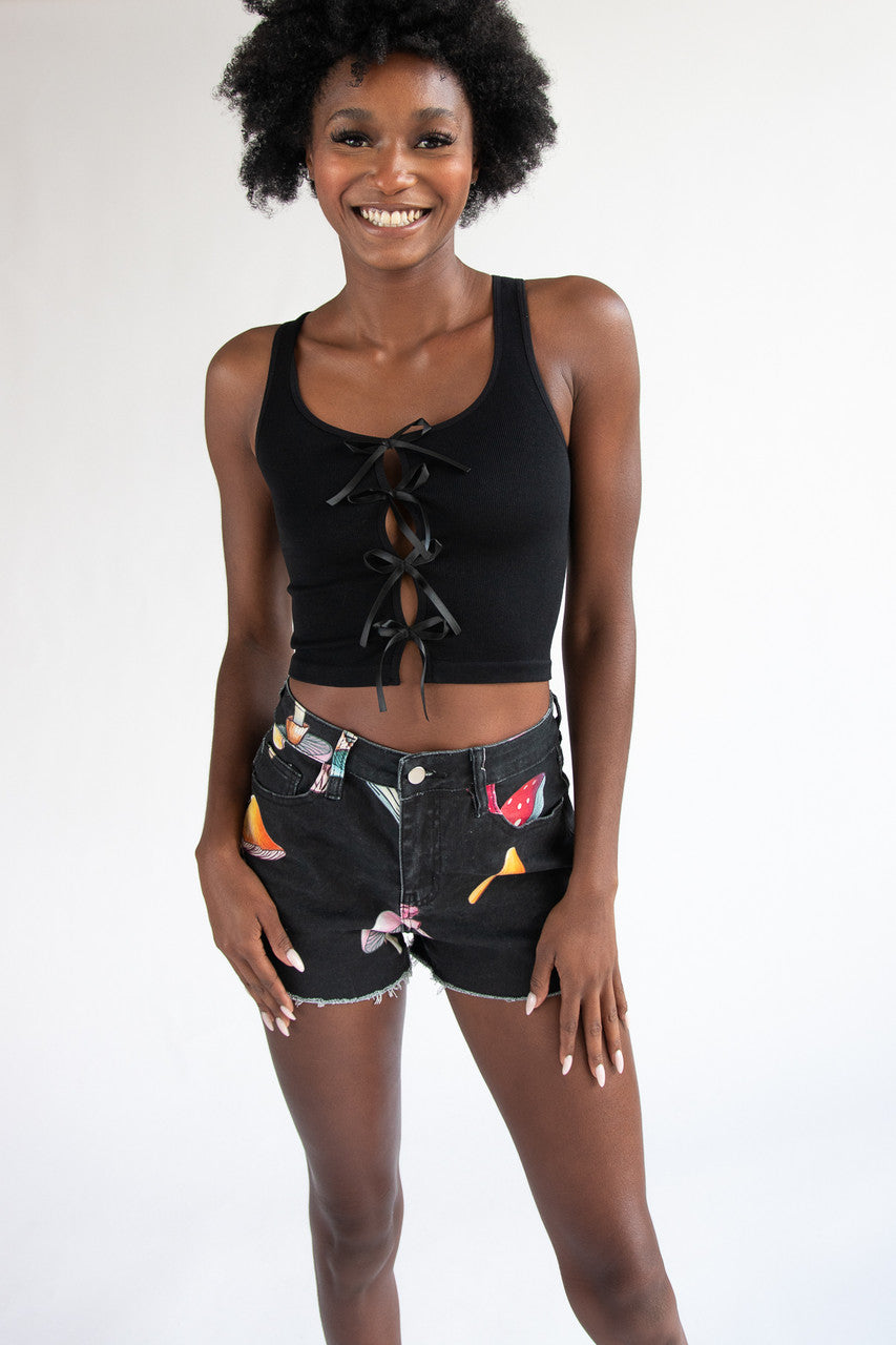 Large Mushroom Print Cut Off Shorts