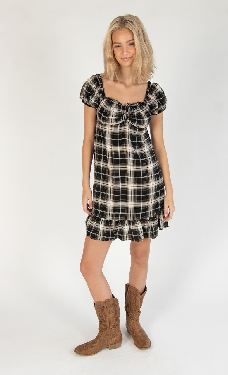 Onyx Plaid Puff Sleeve Babydoll Dress