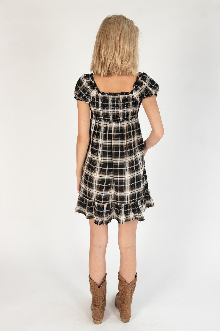 Onyx Plaid Puff Sleeve Babydoll Dress