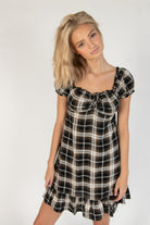 Onyx Plaid Puff Sleeve Babydoll Dress