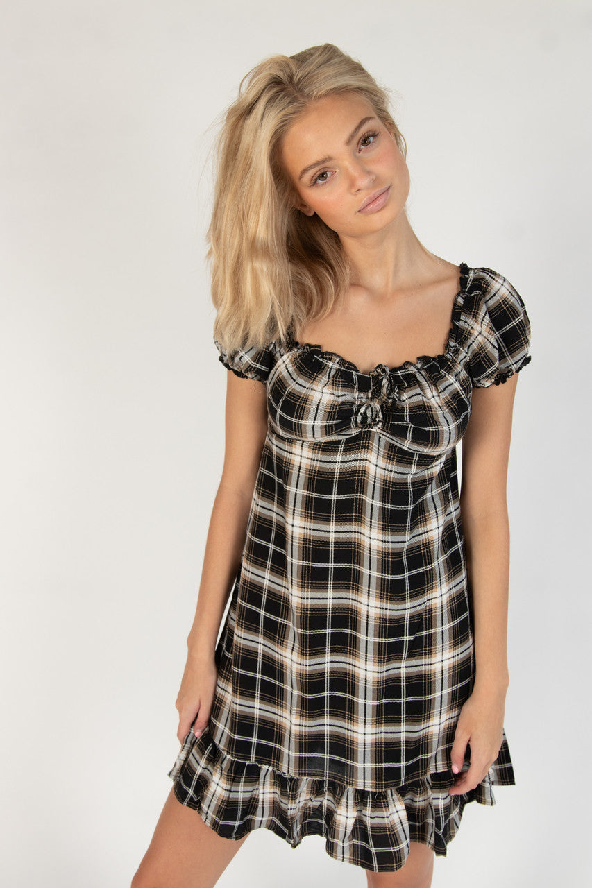 Onyx Plaid Puff Sleeve Babydoll Dress