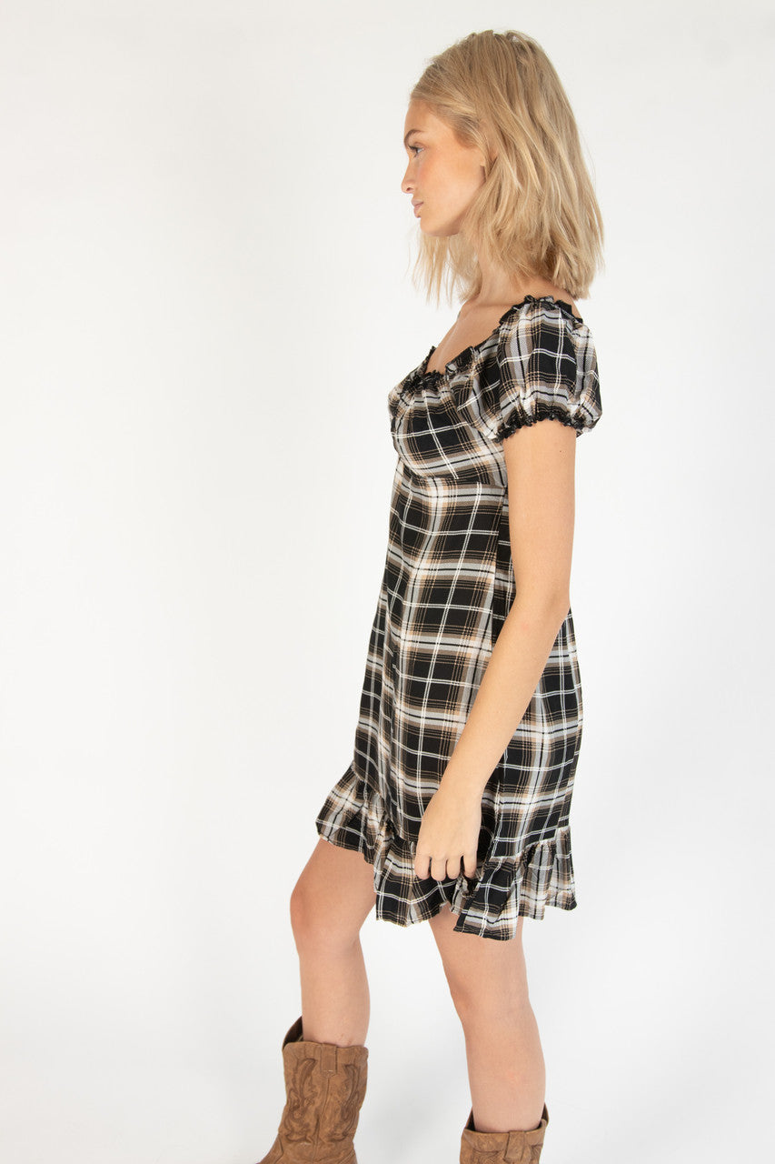 Onyx Plaid Puff Sleeve Babydoll Dress