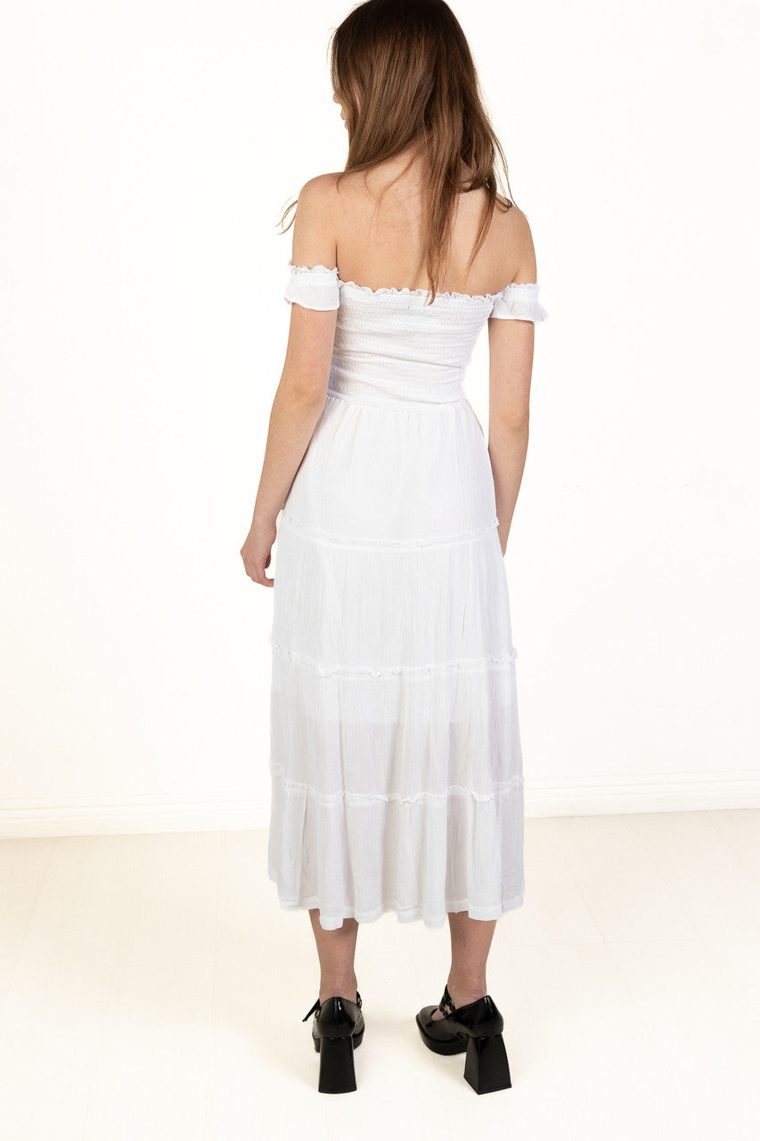 White Over The Shoulder Tiered Maxi Dress