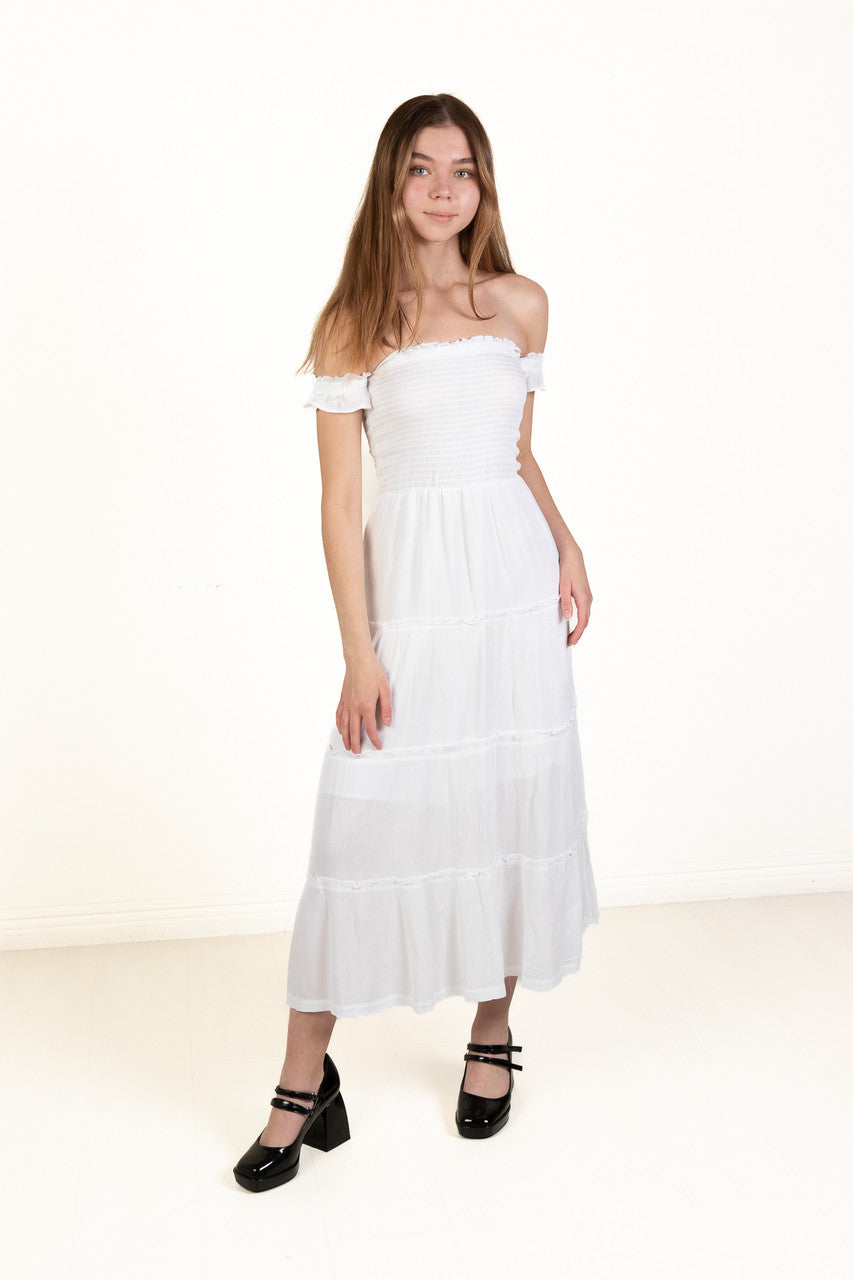 White Over The Shoulder Tiered Maxi Dress