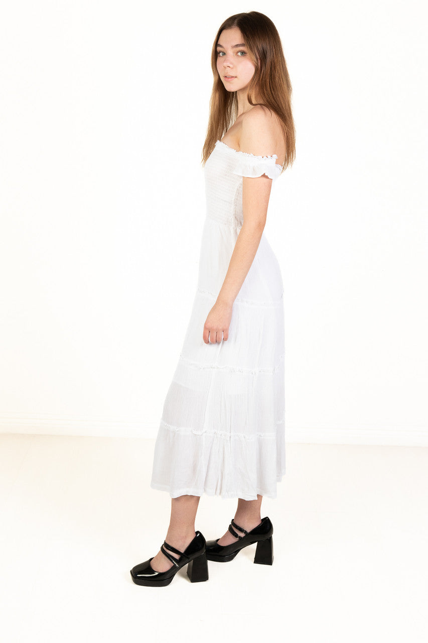 White Over The Shoulder Tiered Maxi Dress