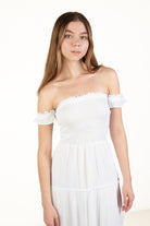 White Over The Shoulder Tiered Maxi Dress