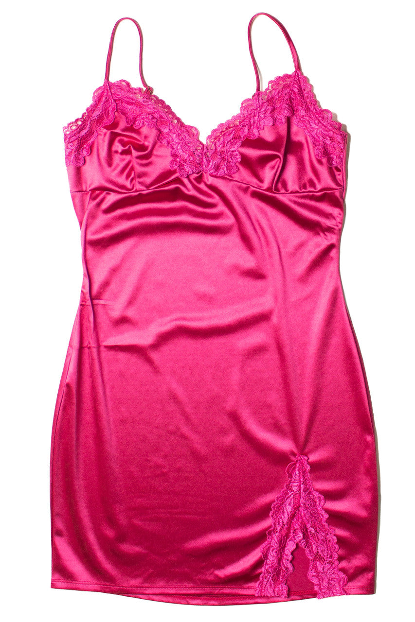 Fuchsia Lace Trim Satin Slip Dress