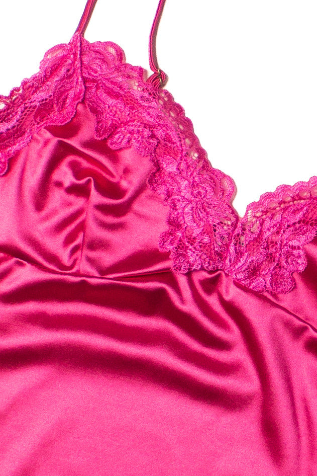 Fuchsia Lace Trim Satin Slip Dress