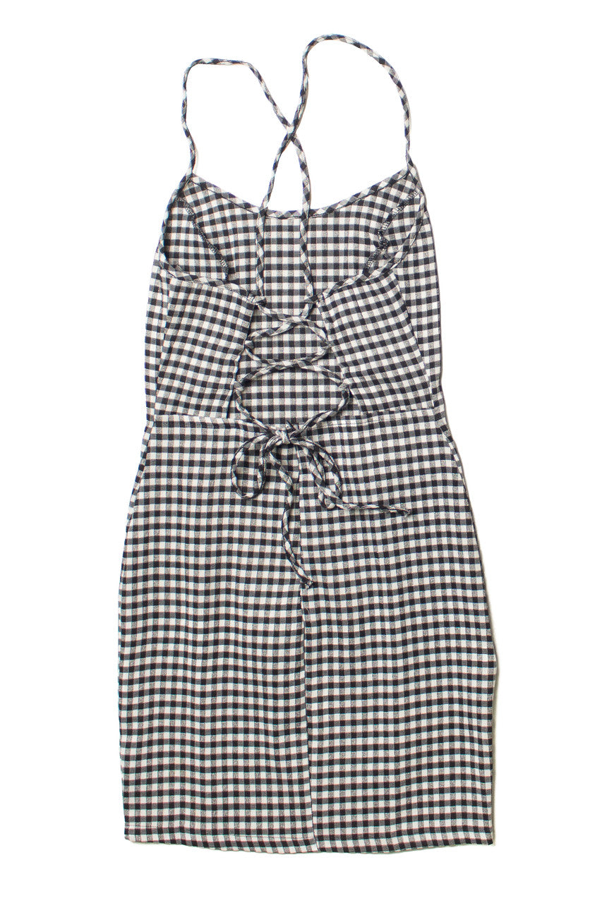 Black Gingham Lace Up Back Mini Dress