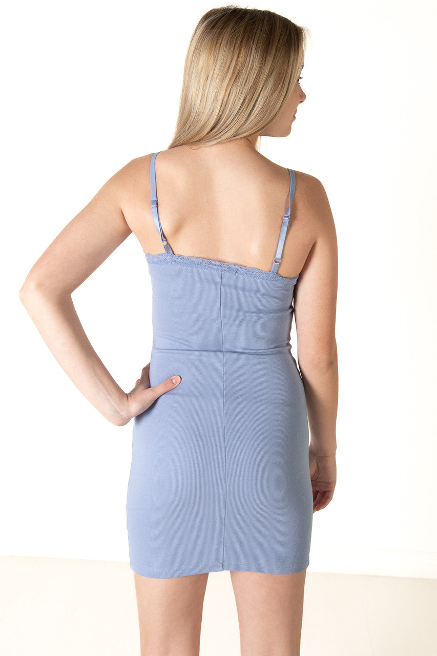 Chambray Lace Trim Ribbed Mini Dress