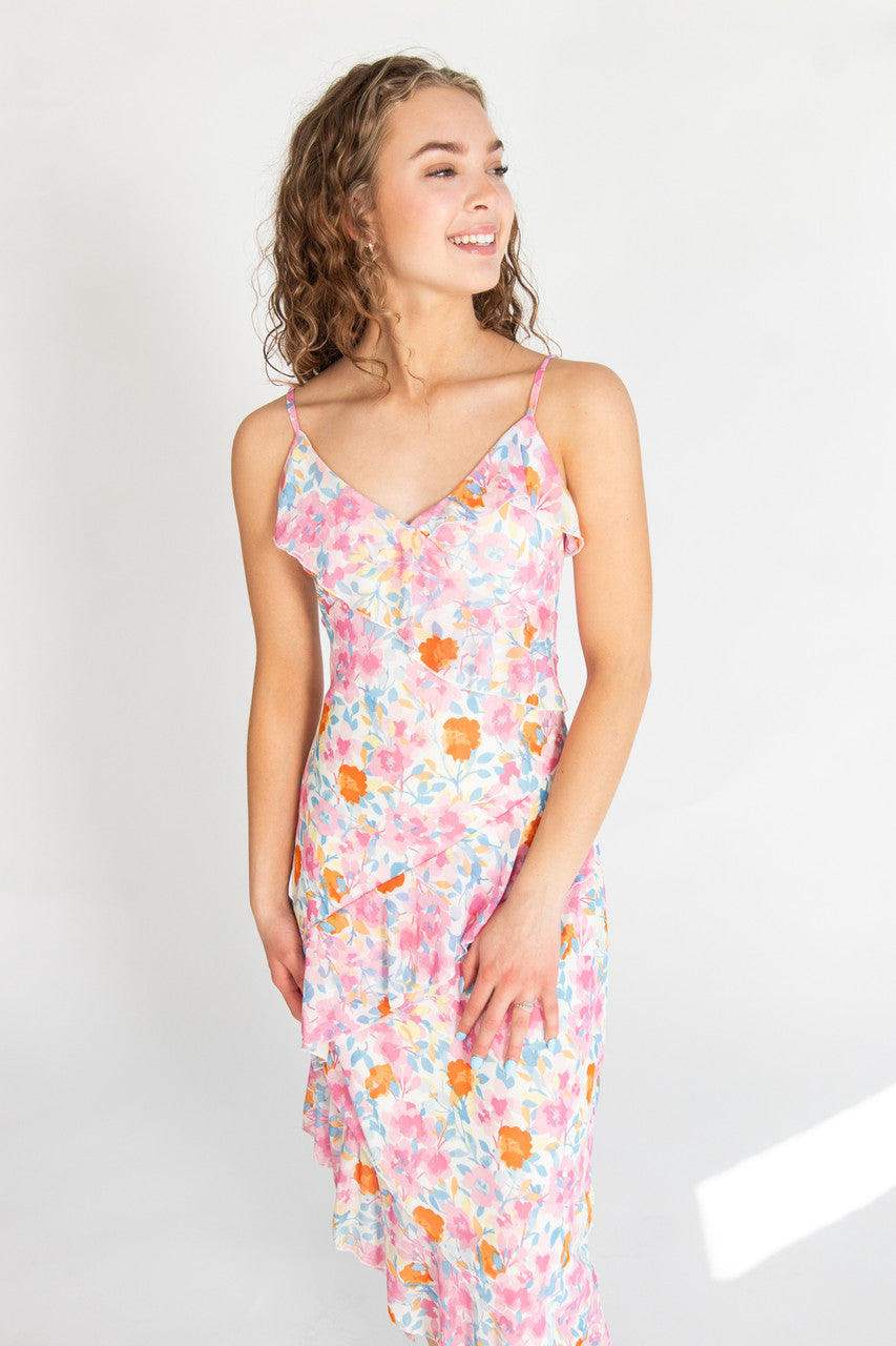 Floral Asymmetrical Hem Ruffle Mesh Midi Dress Ragstock Floral Asymmetrical Hem Ruffle Mesh Midi Dress Ragstock