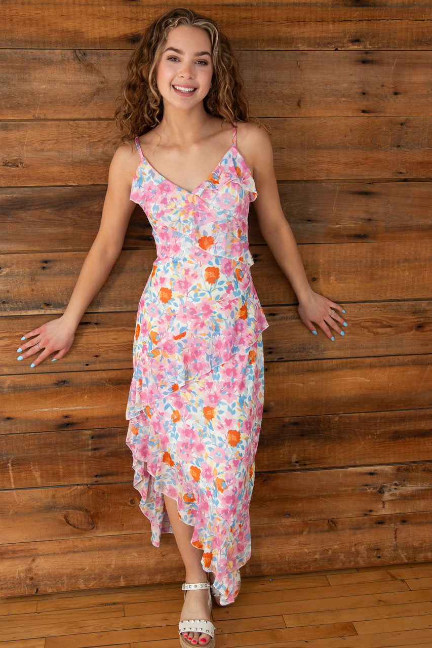 Floral Asymmetrical Hem Ruffle Mesh Midi Dress XL / Pink Floral Asymmetrical Hem Ruffle Mesh Midi Dress XL / Pink