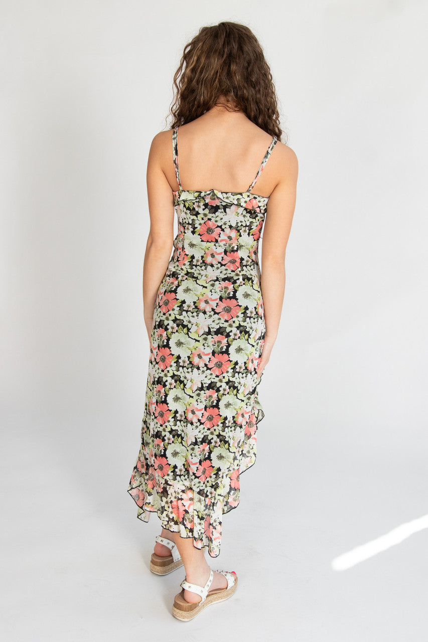 Floral Asymmetrical Hem Ruffle Mesh Midi Dress – Ragstock