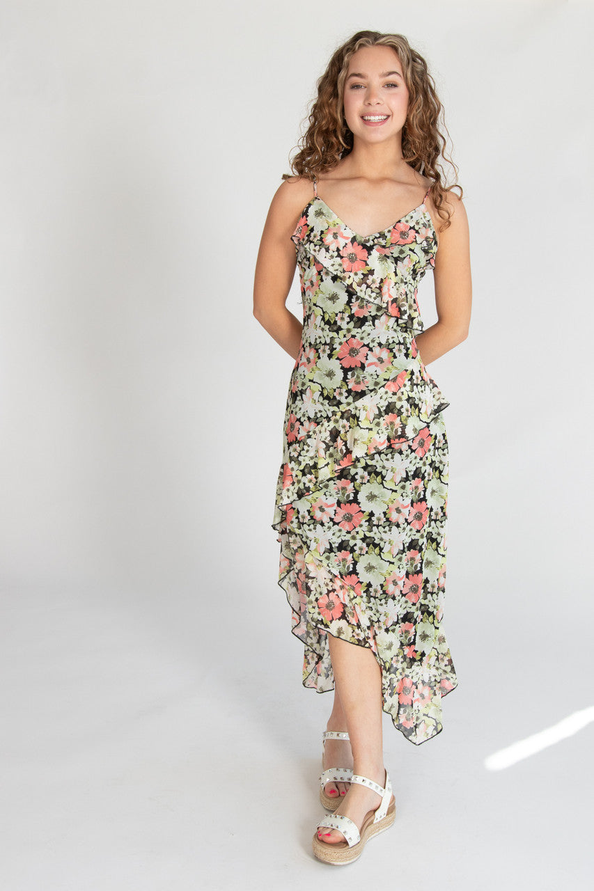 Floral Asymmetrical Hem Ruffle Mesh Midi Dress – Ragstock